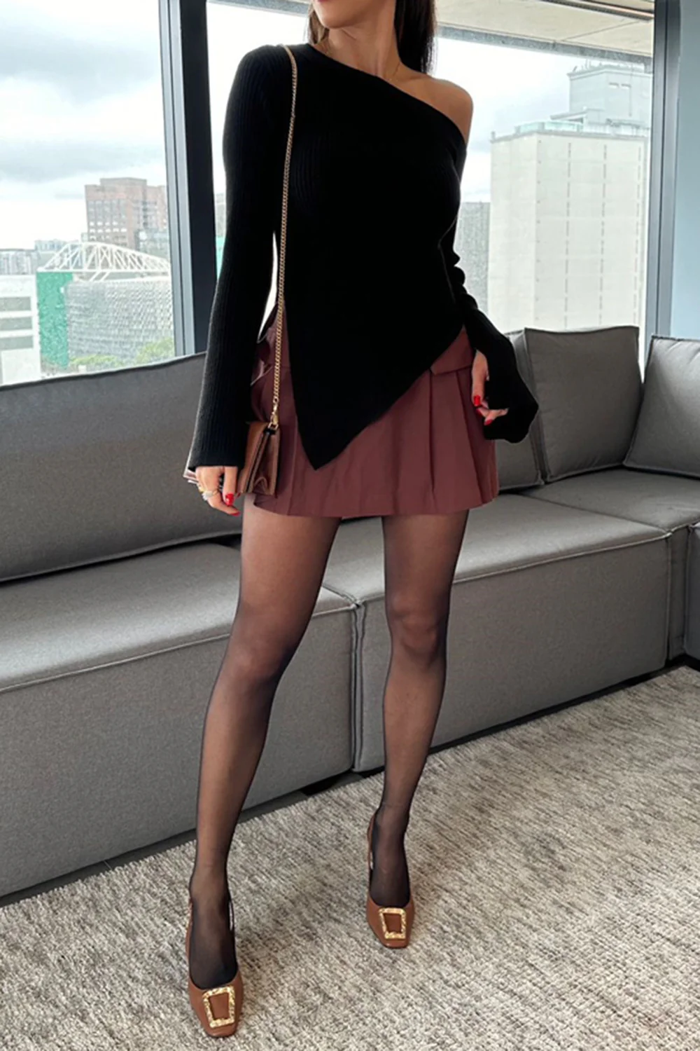 Asymmetric Hem Single Shoulder Sweater - Image 5