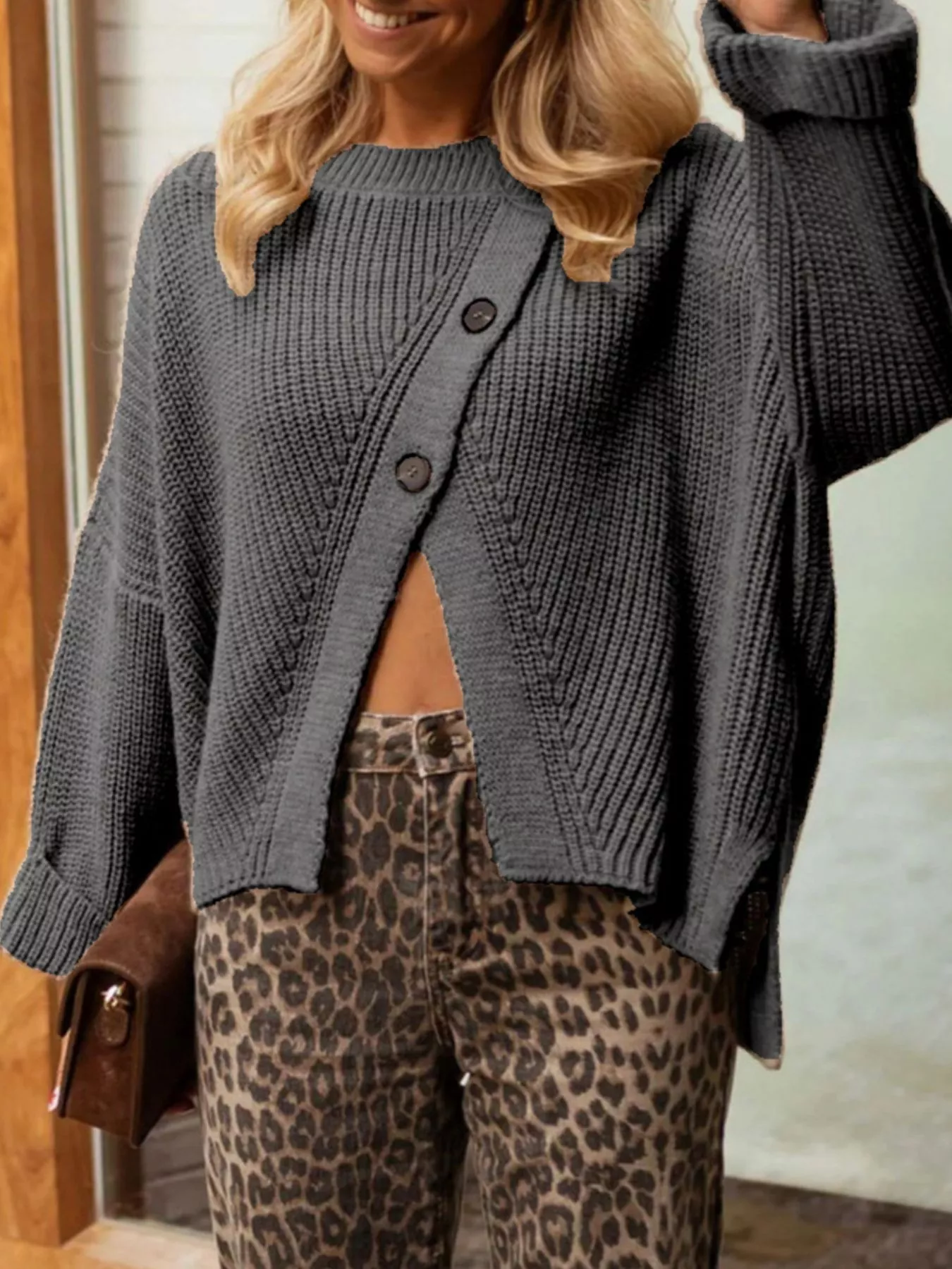 Asymmetrical Button Detail Sweater - Image 9