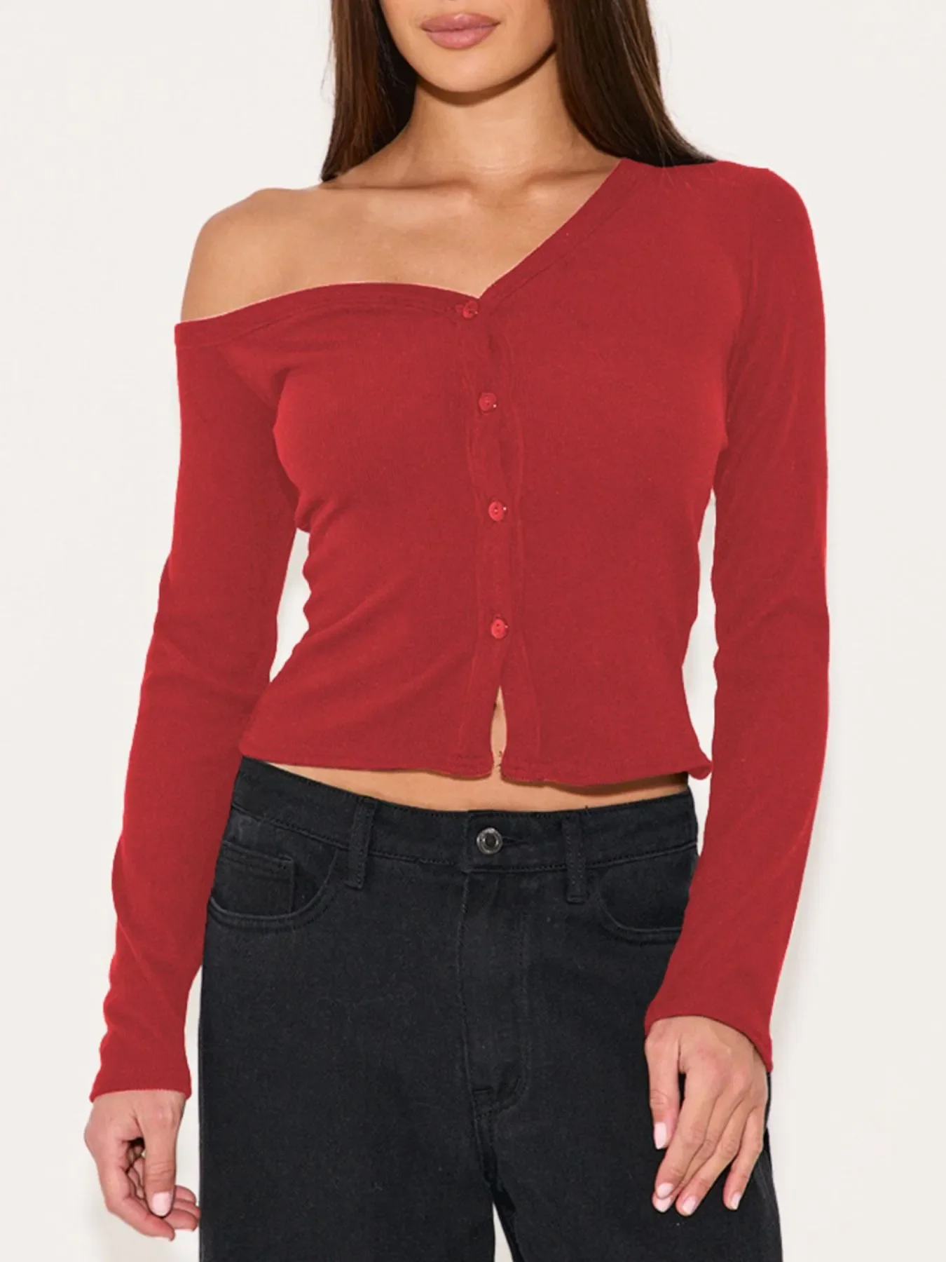 Asymmetrical Neck Button Up Cardigan - Image 13
