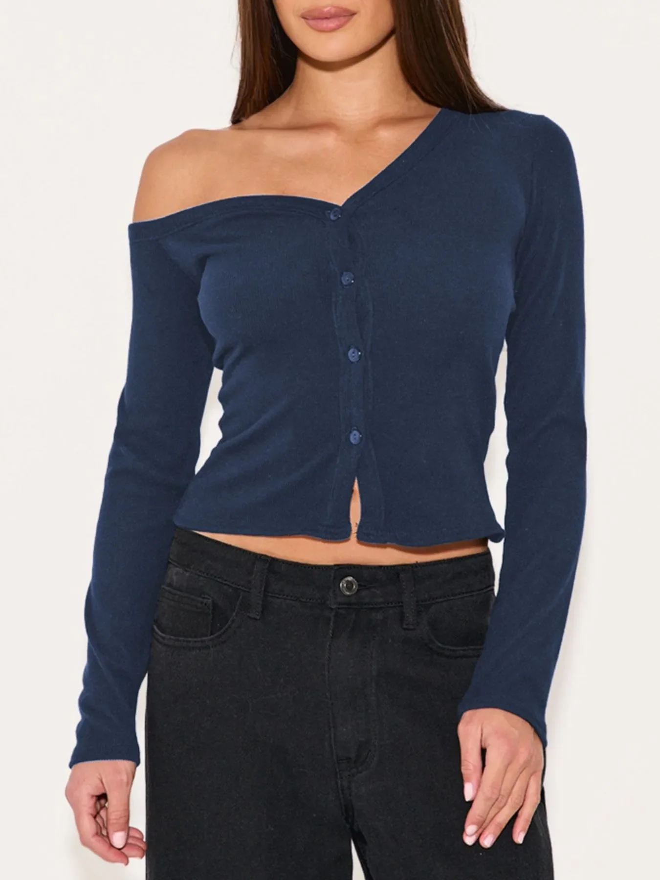 Asymmetrical Neck Button Up Cardigan - Image 17