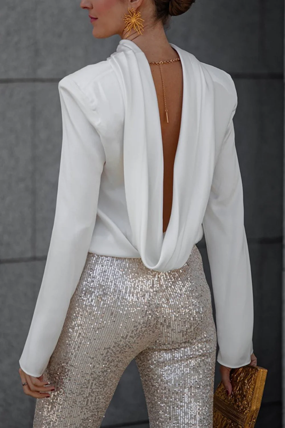 Backless Cowl Neck Long Sleeve Blouse - Image 2
