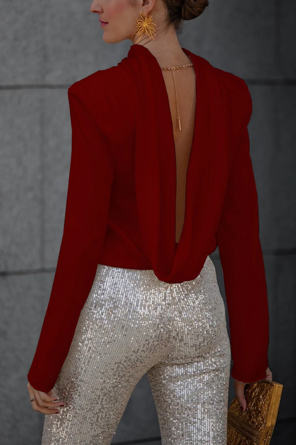 Backless Cowl Neck Long Sleeve Blouse - Image 5