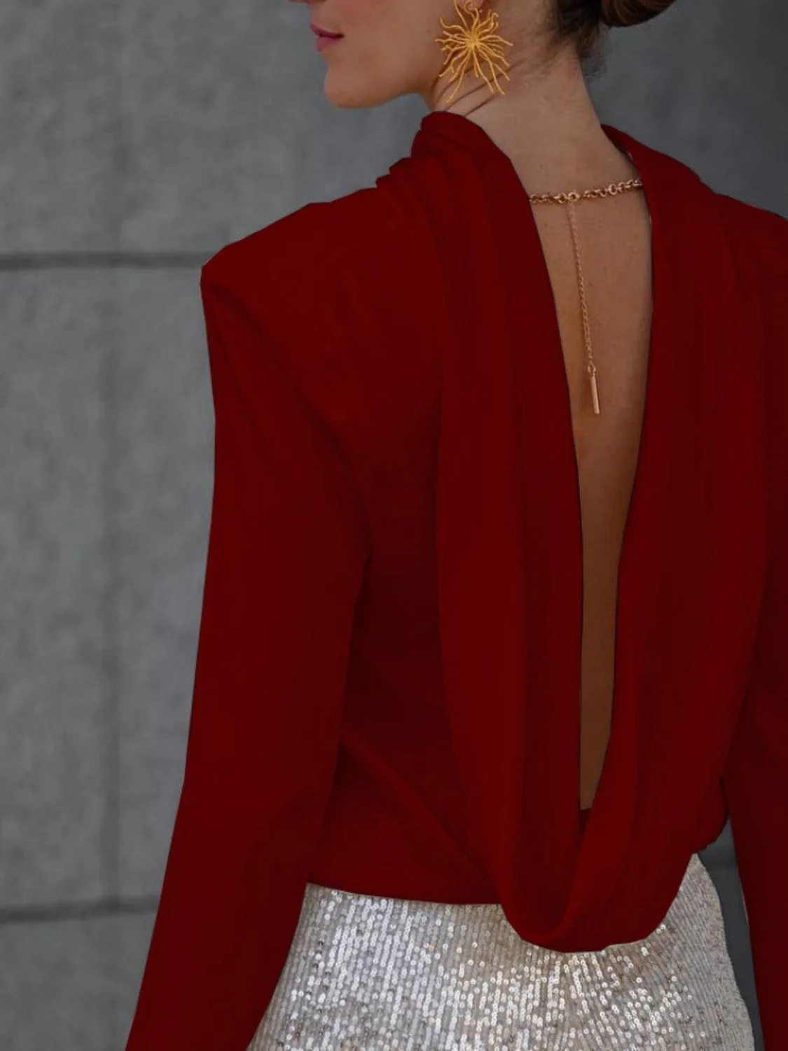 Backless Cowl Neck Long Sleeve Blouse - Image 6