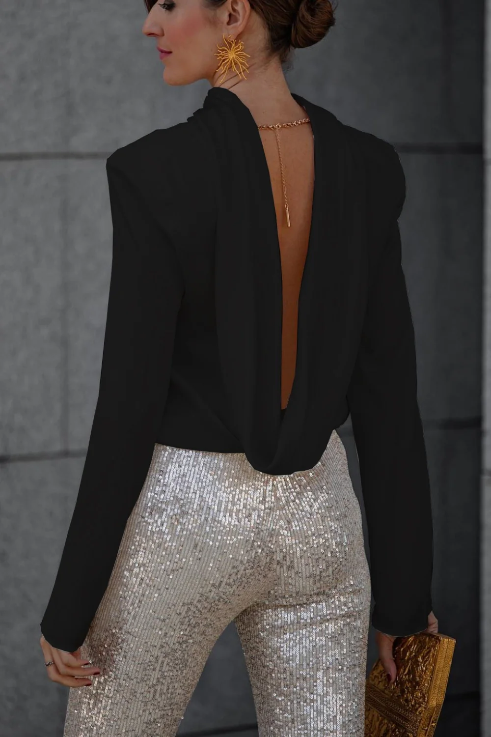 Backless Cowl Neck Long Sleeve Blouse - Image 8