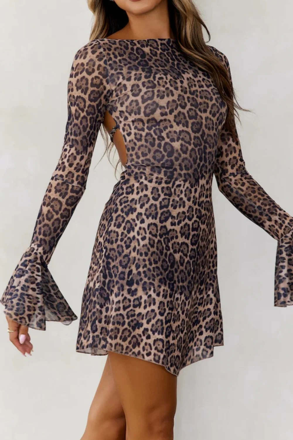 Backless Leopard Flare Sleeve Dress - Image 3
