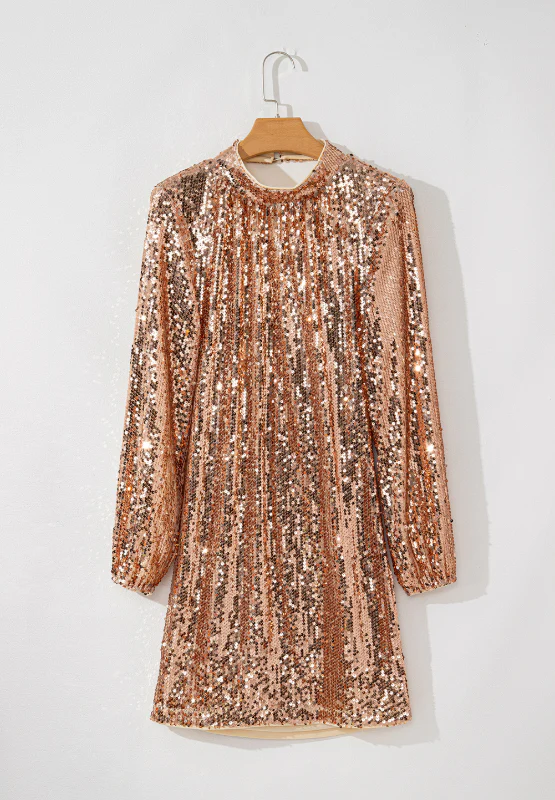 Backless Sequin Mock Neck Long Sleeve Mini Dress - Image 3