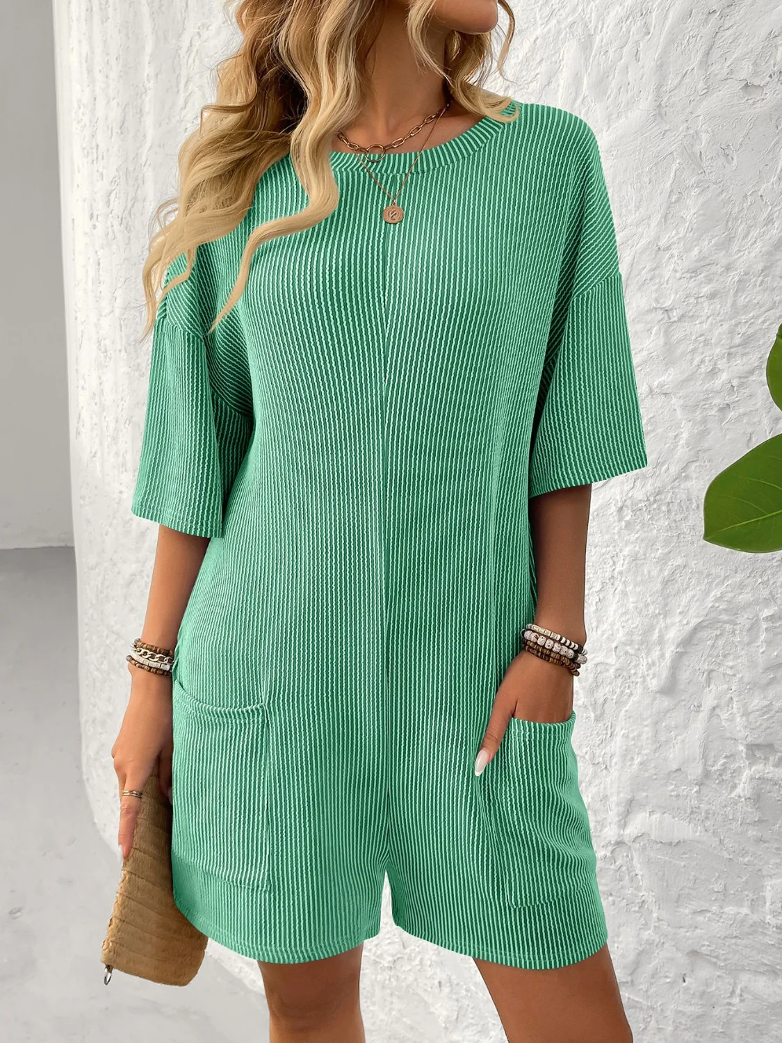 Backless Textured Round Neck Half Sleeve Romper - Image 16