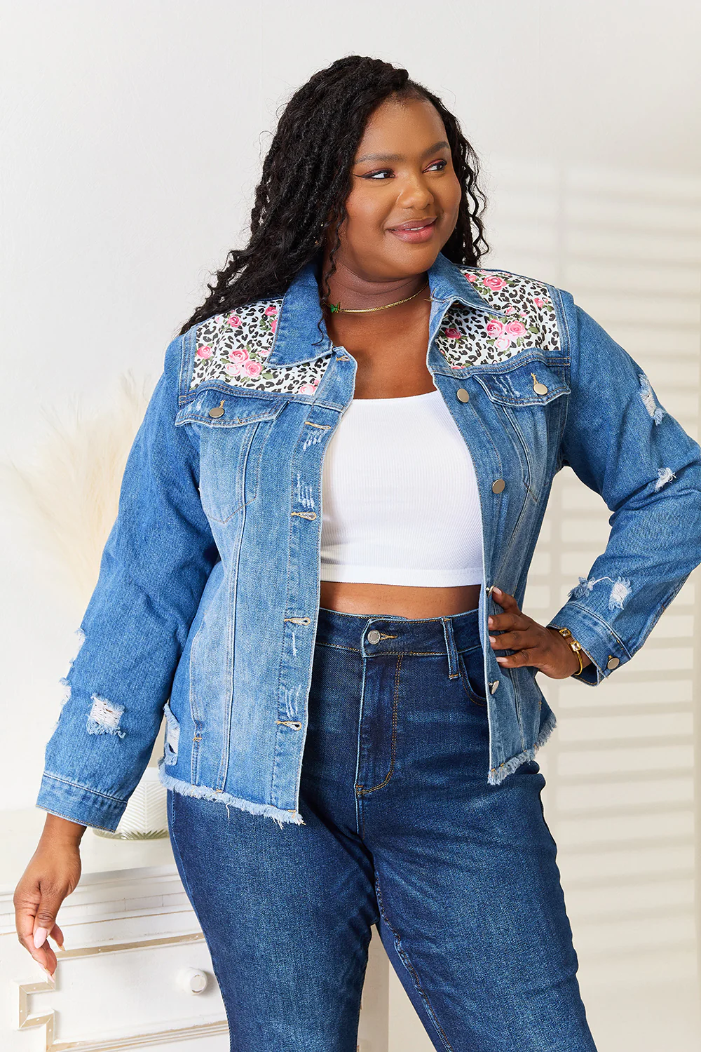 Baeful Leopard Floral Distressed Raw Hem Denim Jacket - Image 5