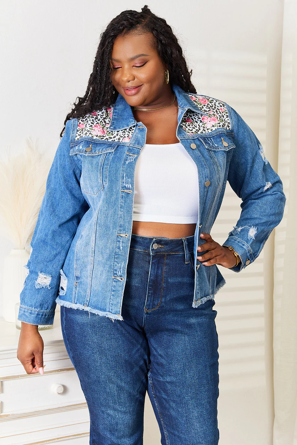 Baeful Leopard Floral Distressed Raw Hem Denim Jacket - Image 6