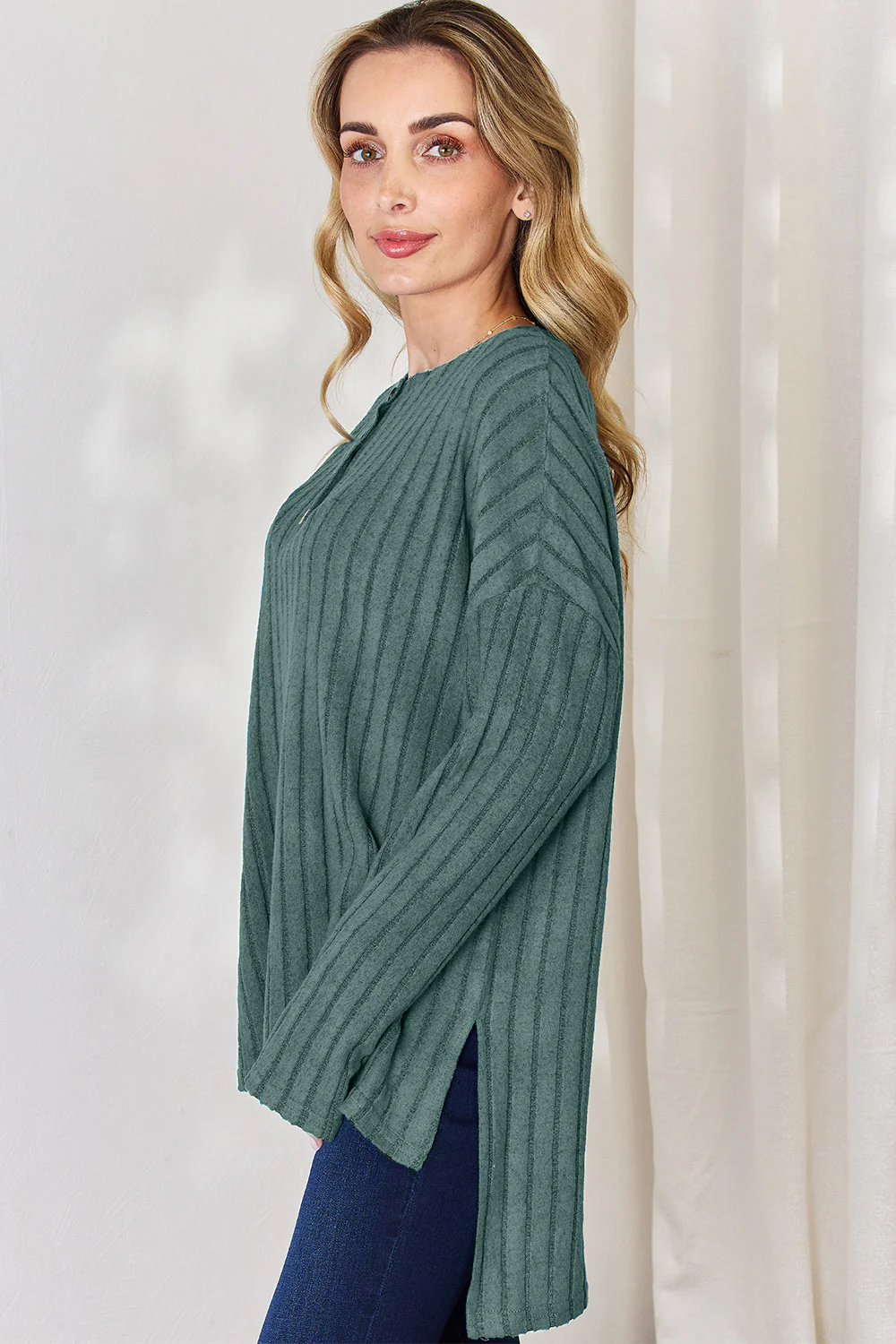 Basic Bae Full Size Ribbed Half Button Long Sleeve High-Low T-Shirt - Image 10