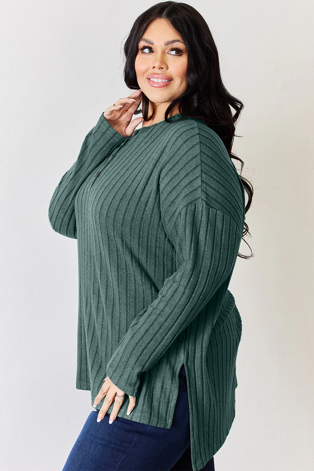 Basic Bae Full Size Ribbed Half Button Long Sleeve High-Low T-Shirt - Image 13