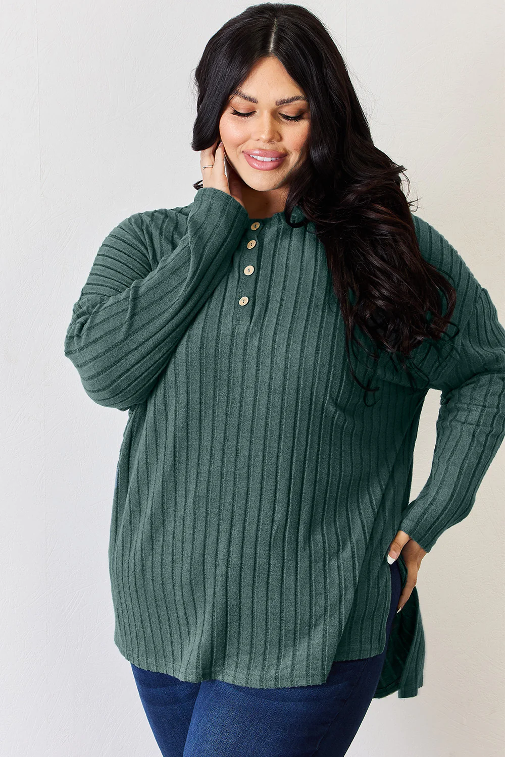 Basic Bae Full Size Ribbed Half Button Long Sleeve High-Low T-Shirt - Image 14
