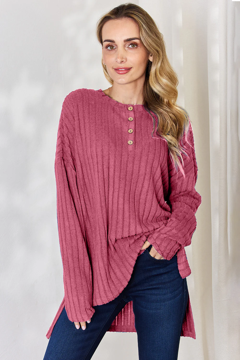 Basic Bae Full Size Ribbed Half Button Long Sleeve High-Low T-Shirt - Image 16
