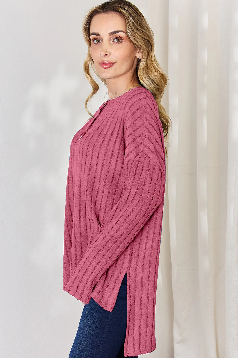 Basic Bae Full Size Ribbed Half Button Long Sleeve High-Low T-Shirt - Image 17
