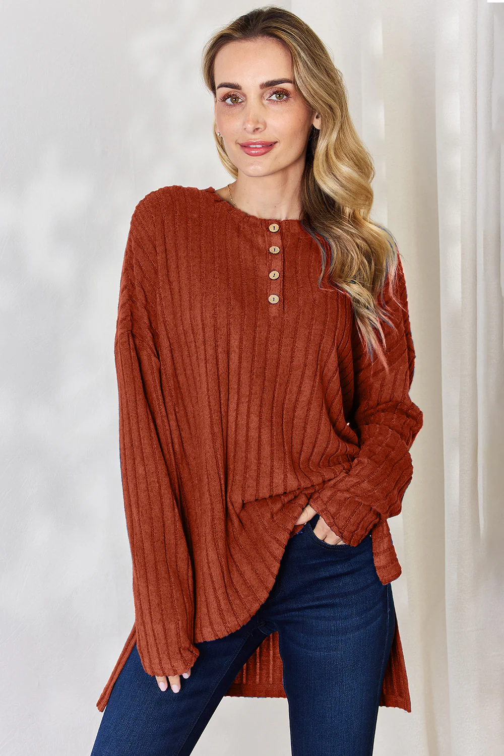 Basic Bae Full Size Ribbed Half Button Long Sleeve High-Low T-Shirt - Image 23