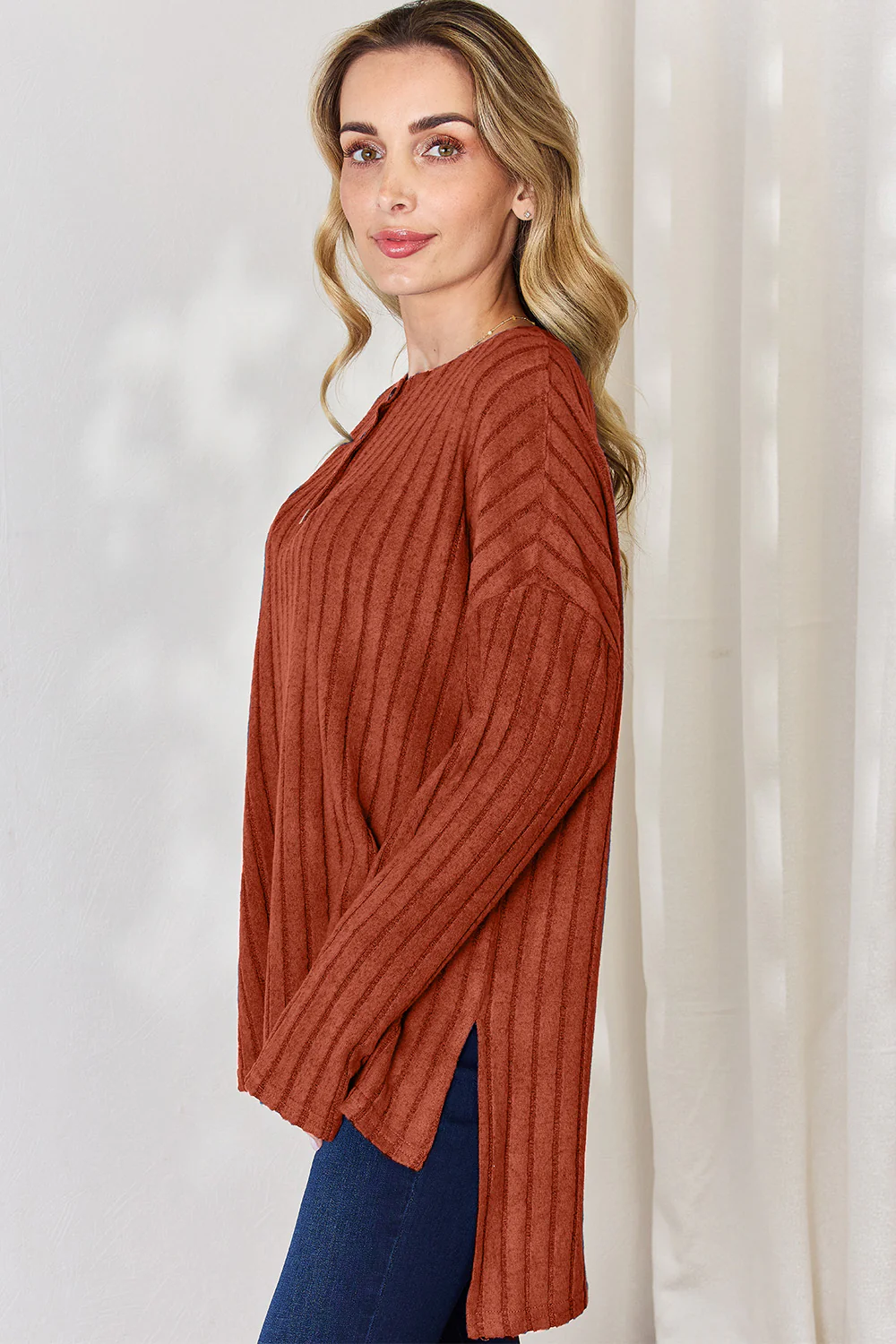 Basic Bae Full Size Ribbed Half Button Long Sleeve High-Low T-Shirt - Image 24