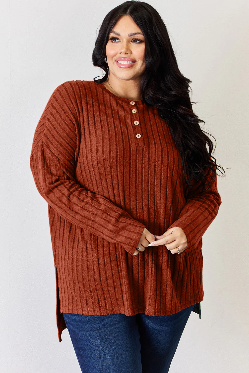 Basic Bae Full Size Ribbed Half Button Long Sleeve High-Low T-Shirt - Image 26