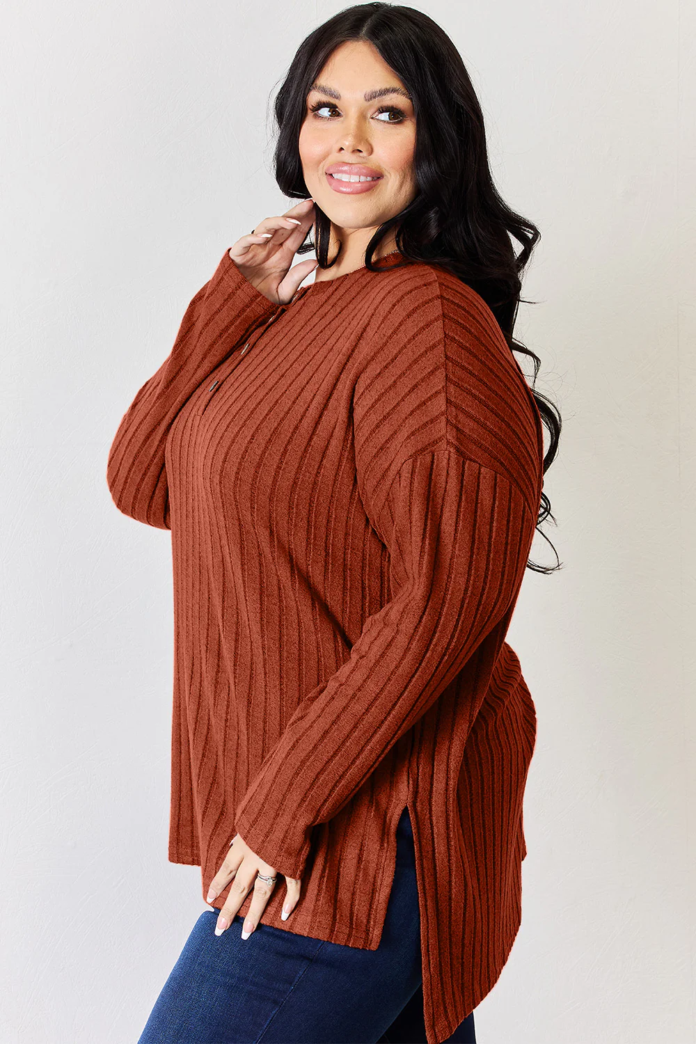 Basic Bae Full Size Ribbed Half Button Long Sleeve High-Low T-Shirt - Image 27