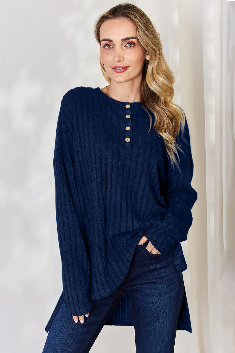 Basic Bae Full Size Ribbed Half Button Long Sleeve High-Low T-Shirt - Image 29