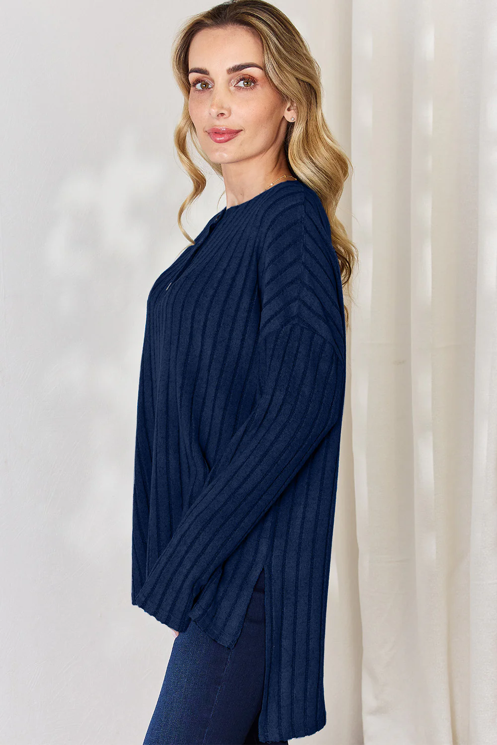 Basic Bae Full Size Ribbed Half Button Long Sleeve High-Low T-Shirt - Image 30