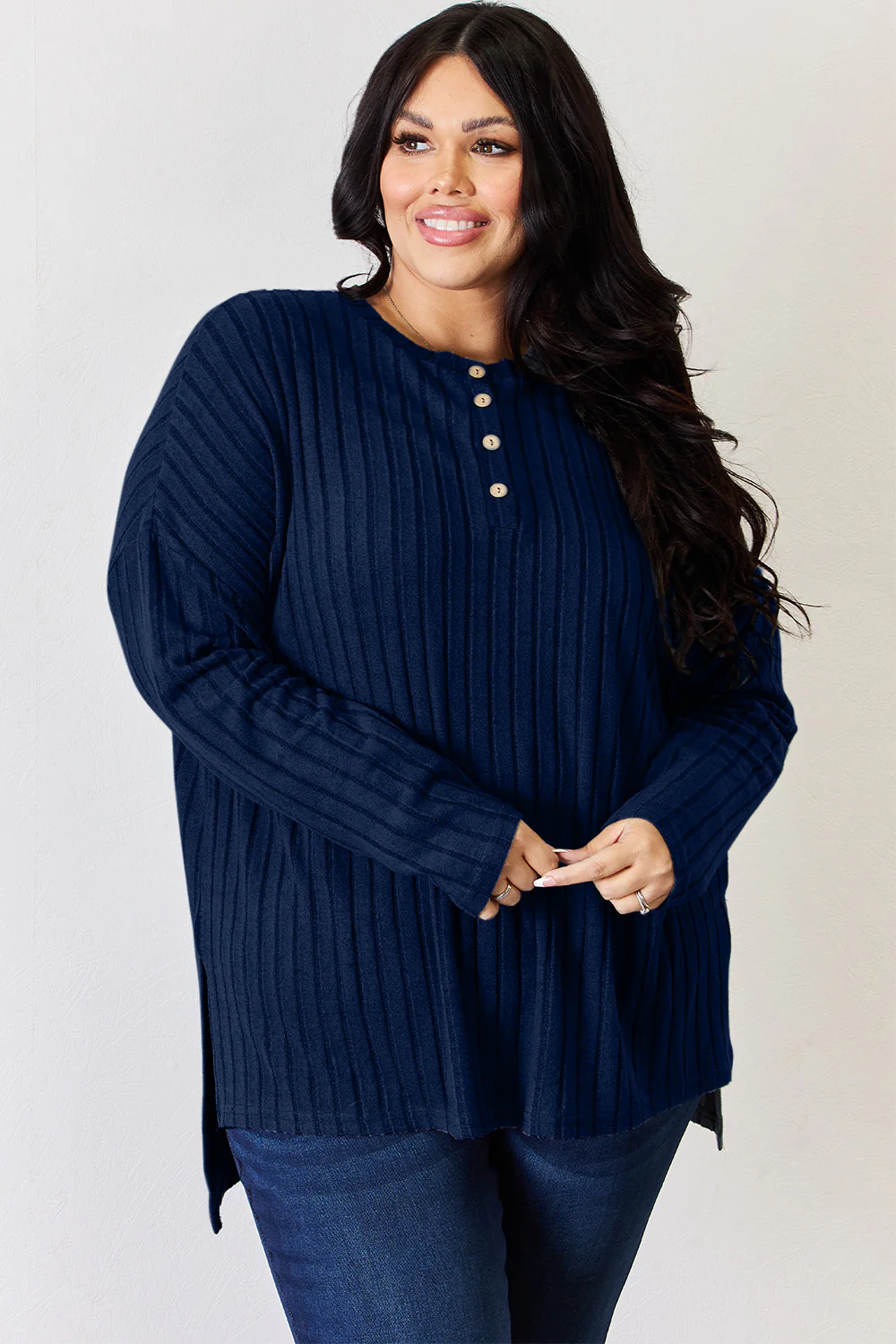 Basic Bae Full Size Ribbed Half Button Long Sleeve High-Low T-Shirt - Image 32