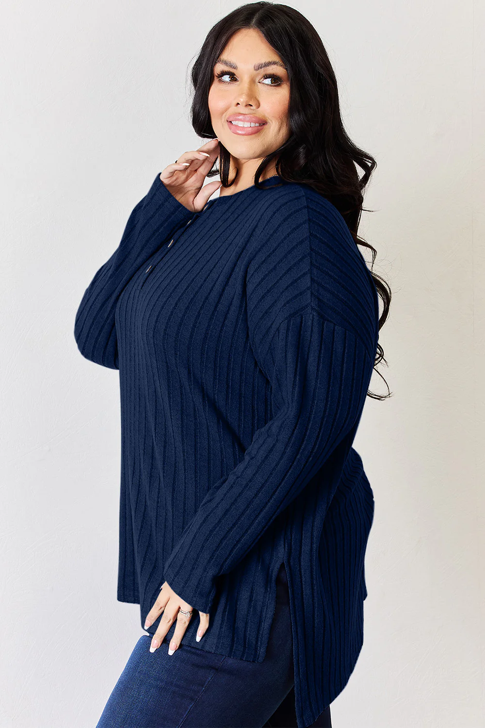 Basic Bae Full Size Ribbed Half Button Long Sleeve High-Low T-Shirt - Image 33