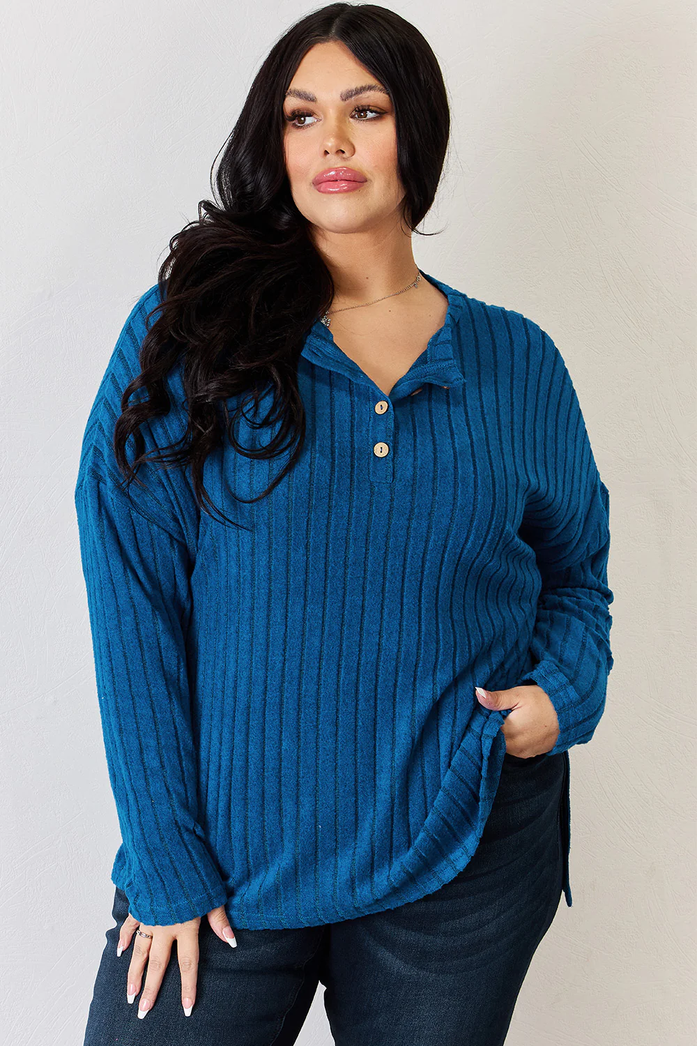 Basic Bae Full Size Ribbed Half Button Long Sleeve High-Low T-Shirt - Image 4