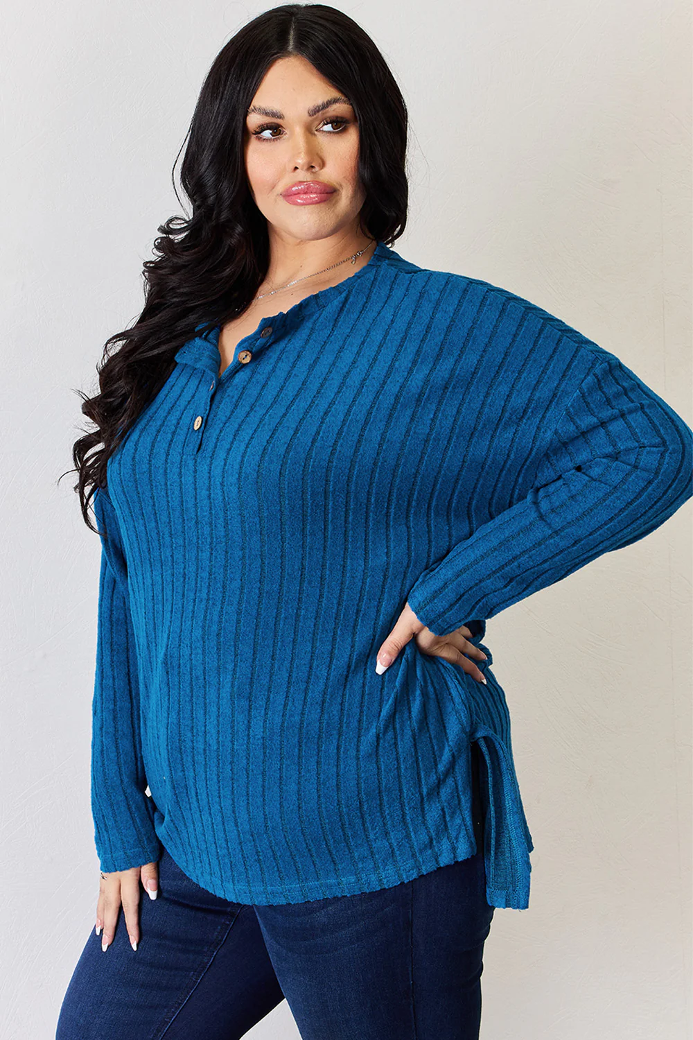 Basic Bae Full Size Ribbed Half Button Long Sleeve High-Low T-Shirt - Image 5