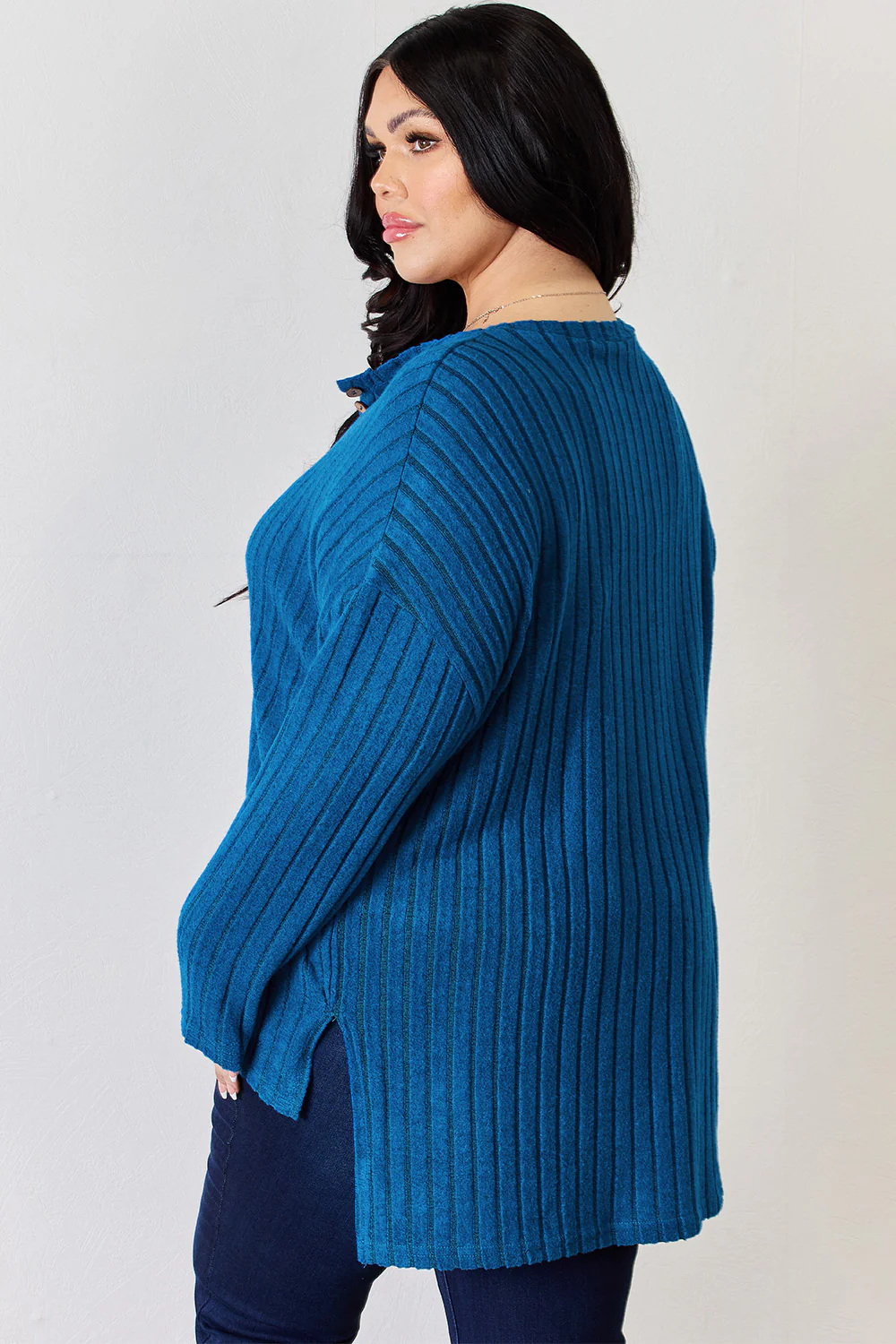 Basic Bae Full Size Ribbed Half Button Long Sleeve High-Low T-Shirt - Image 7