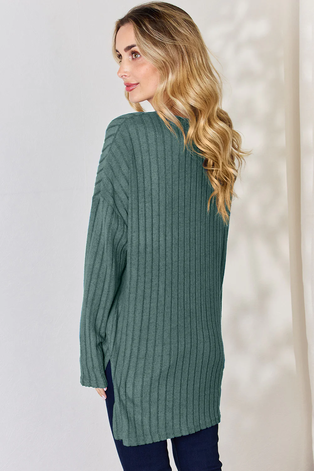 Basic Bae Full Size Ribbed Half Button Long Sleeve High-Low T-Shirt - Image 9