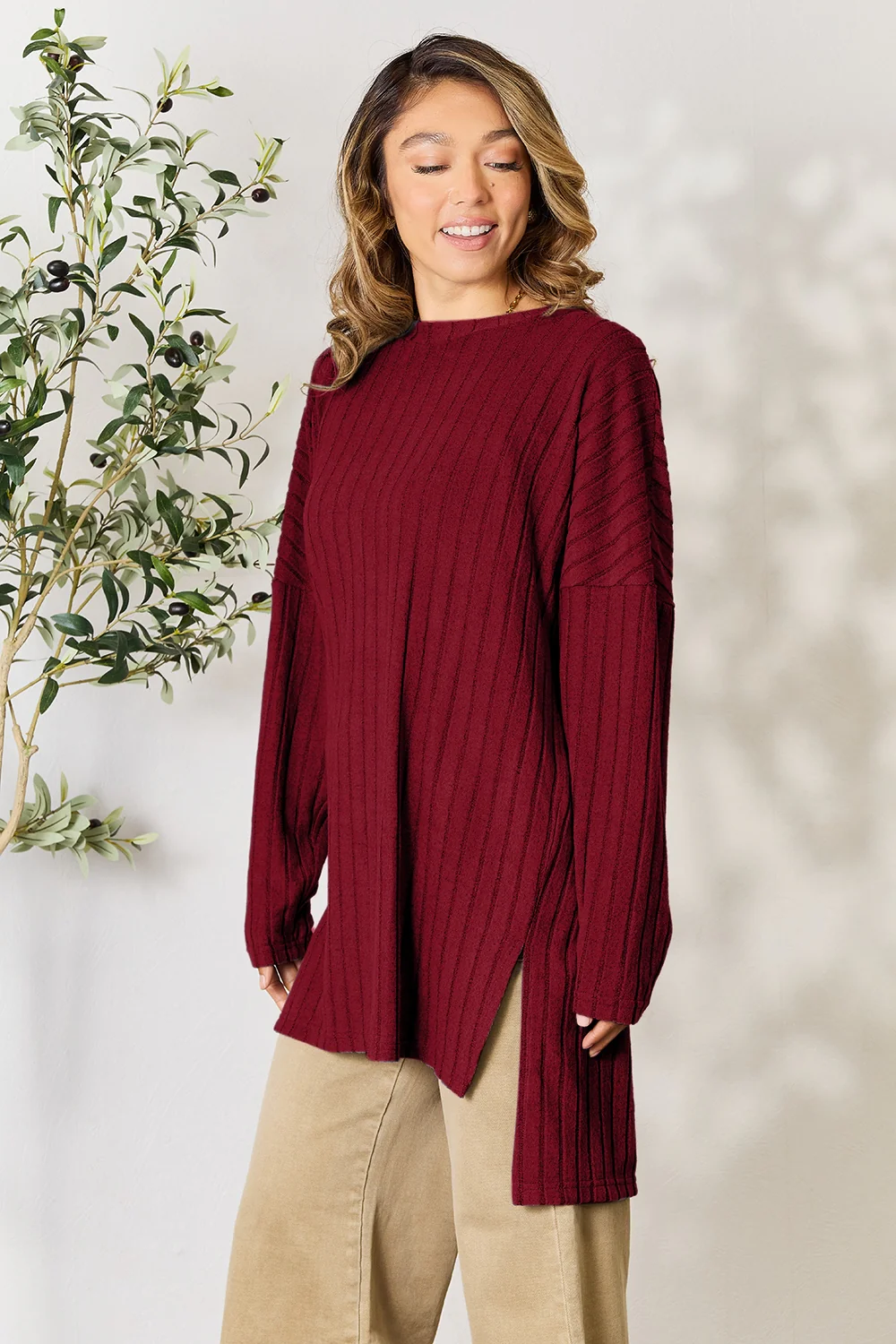 Basic Bae Full Size Ribbed Round Neck Long Sleeve Slit Top - Image 12