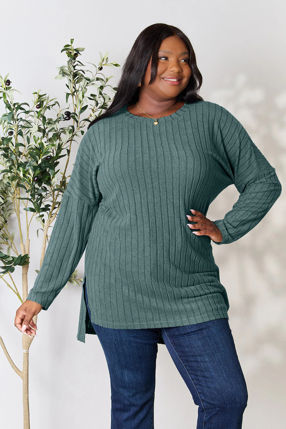 Basic Bae Full Size Ribbed Round Neck Long Sleeve Slit Top - Image 15
