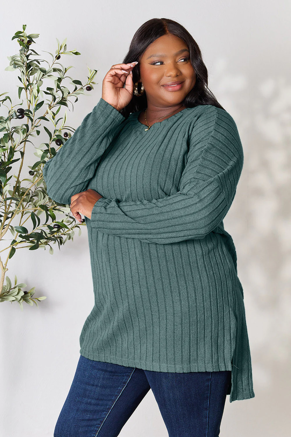 Basic Bae Full Size Ribbed Round Neck Long Sleeve Slit Top - Image 16