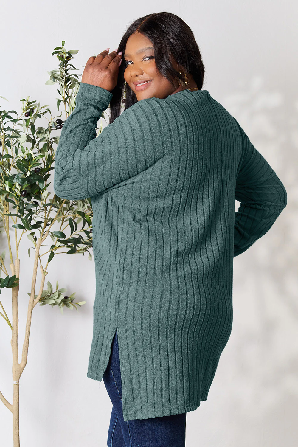 Basic Bae Full Size Ribbed Round Neck Long Sleeve Slit Top - Image 17