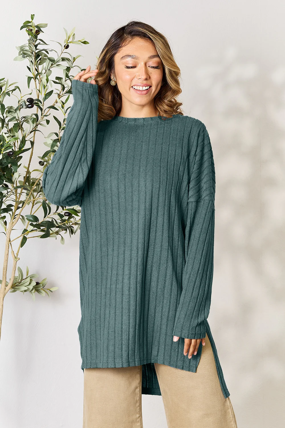 Basic Bae Full Size Ribbed Round Neck Long Sleeve Slit Top - Image 18