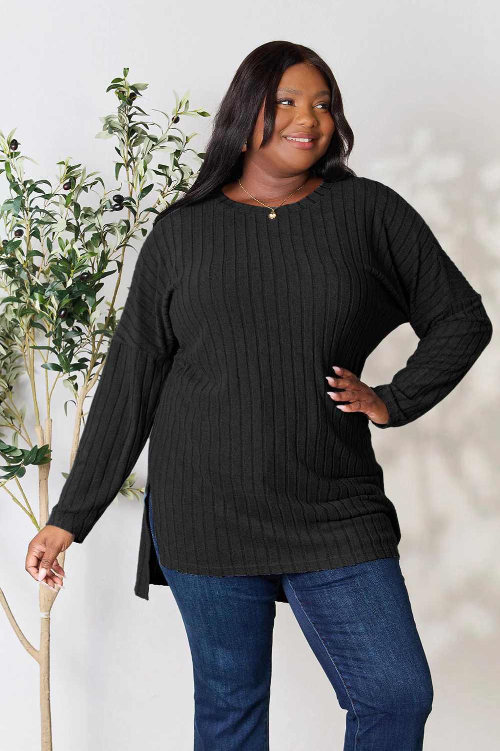 Basic Bae Full Size Ribbed Round Neck Long Sleeve Slit Top - Image 23