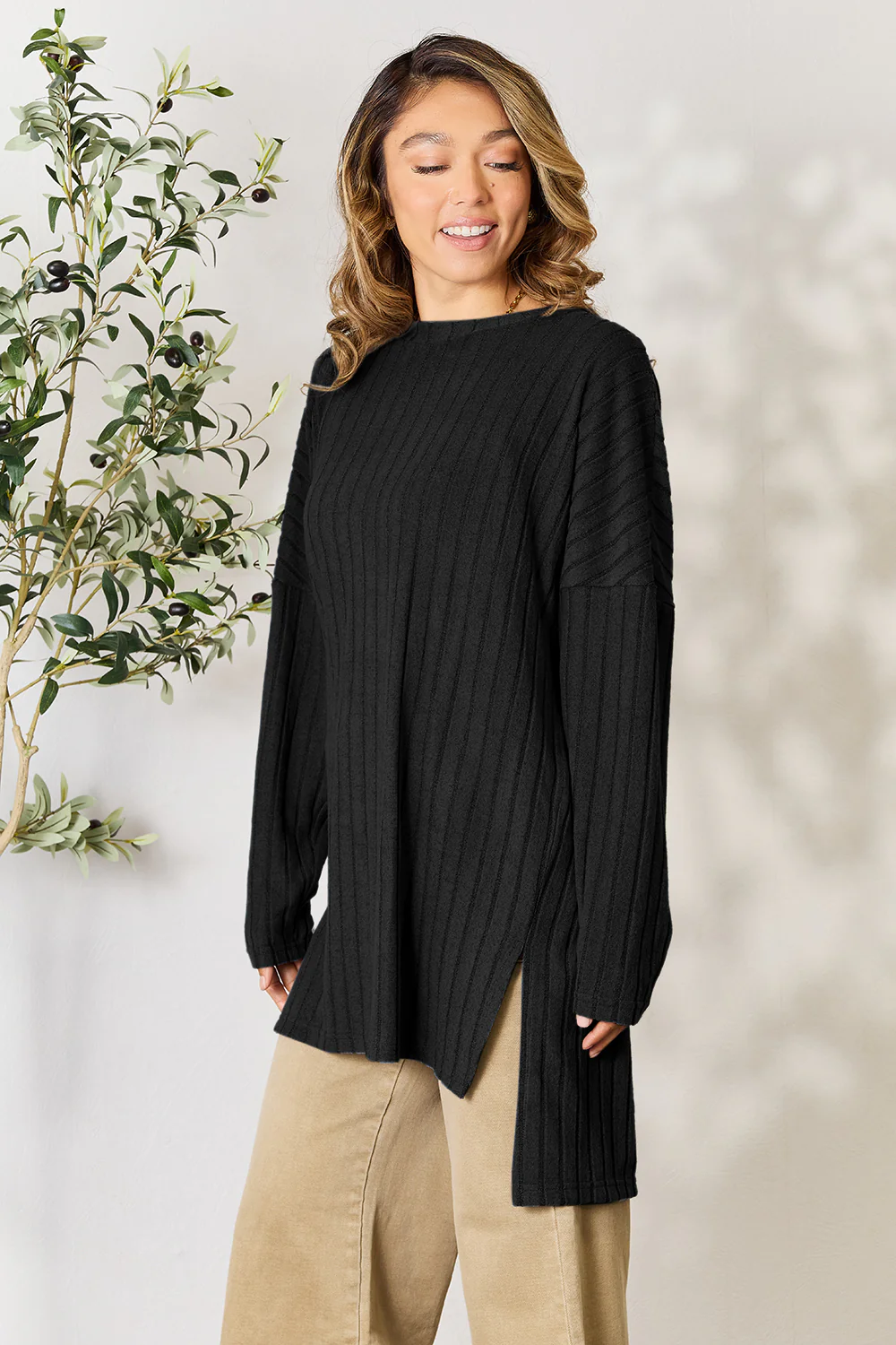 Basic Bae Full Size Ribbed Round Neck Long Sleeve Slit Top - Image 27