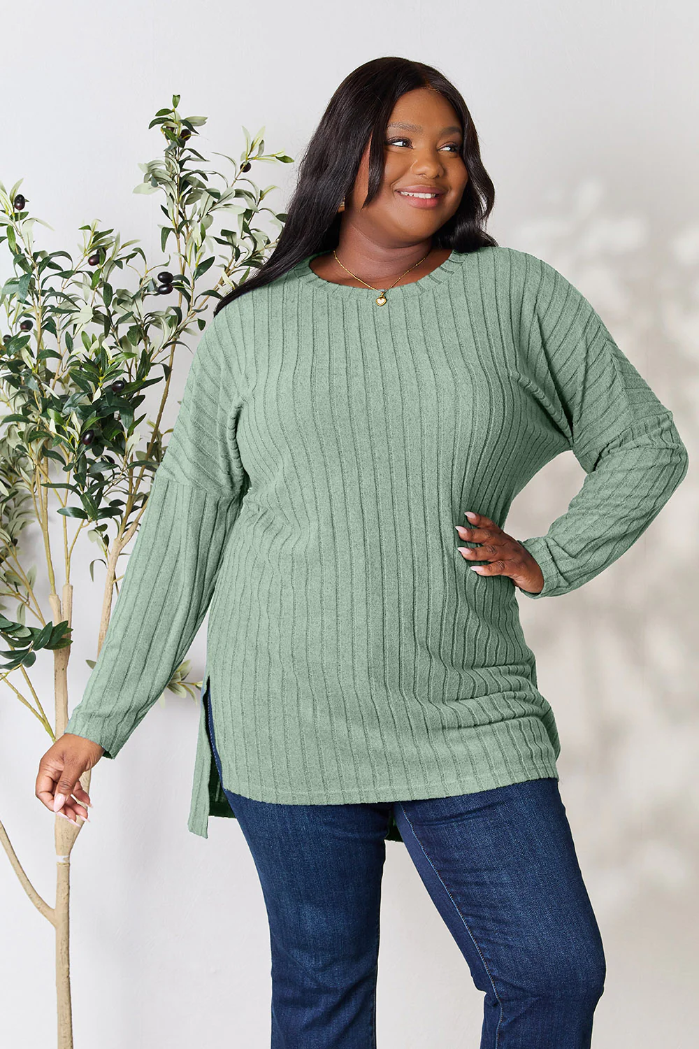 Basic Bae Full Size Ribbed Round Neck Long Sleeve Slit Top - Image 29
