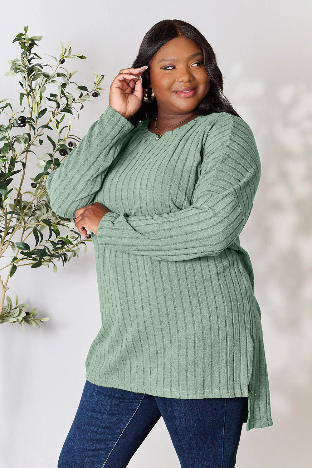 Basic Bae Full Size Ribbed Round Neck Long Sleeve Slit Top - Image 30