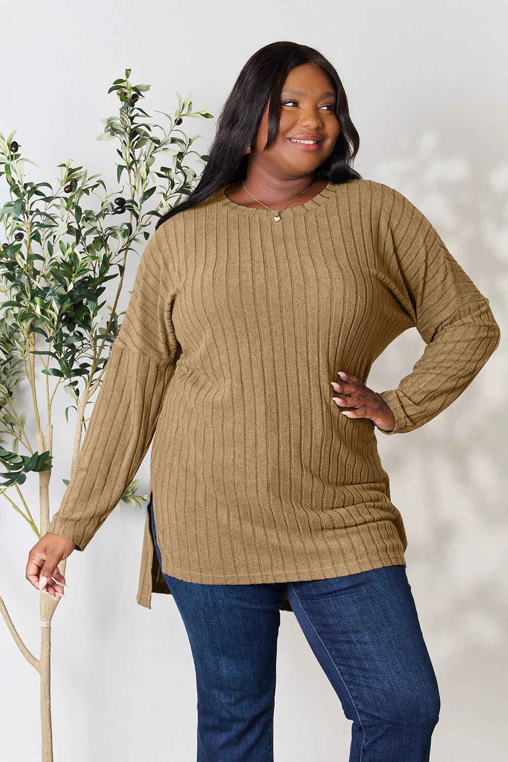 Basic Bae Full Size Ribbed Round Neck Long Sleeve Slit Top - Image 4