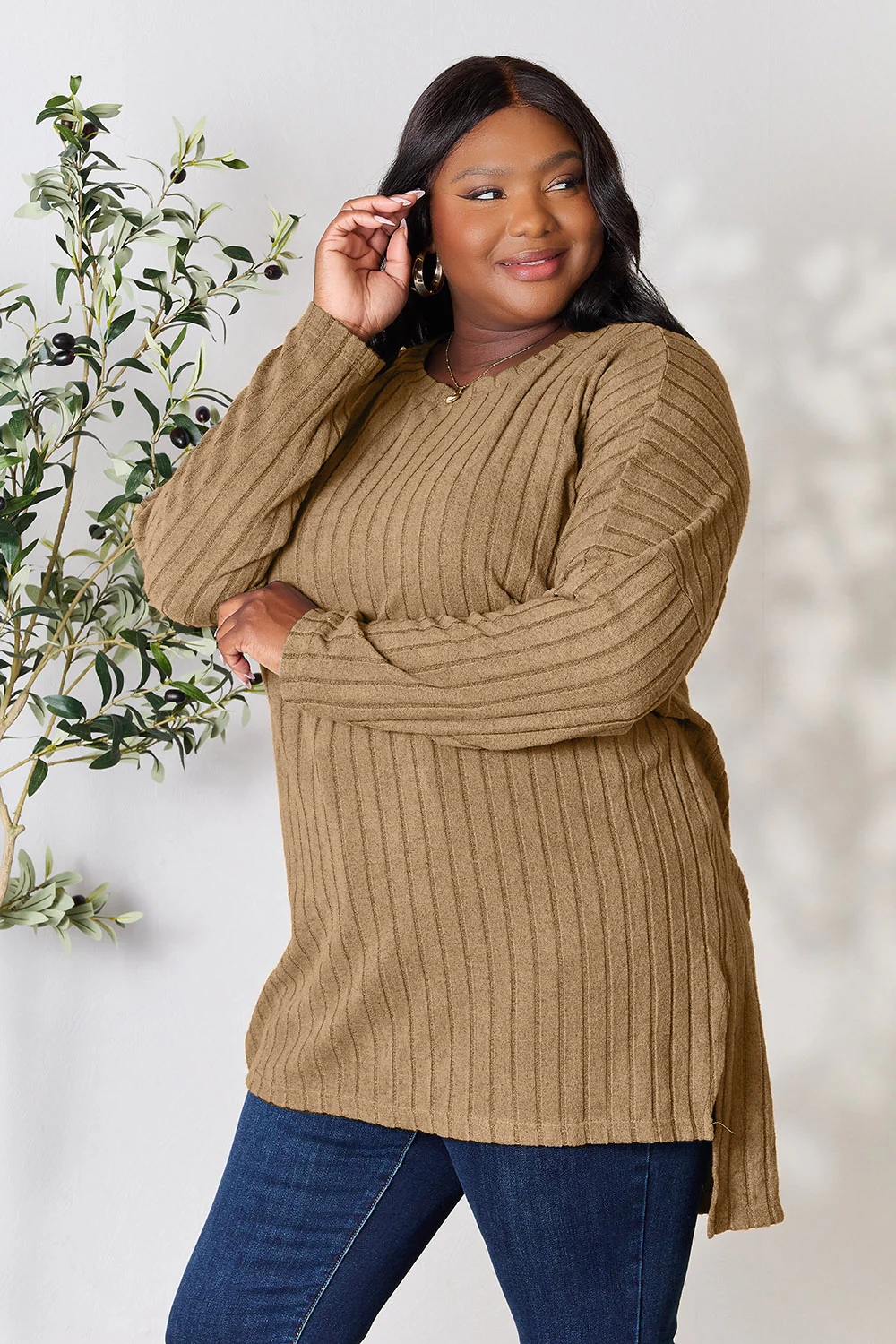 Basic Bae Full Size Ribbed Round Neck Long Sleeve Slit Top - Image 5
