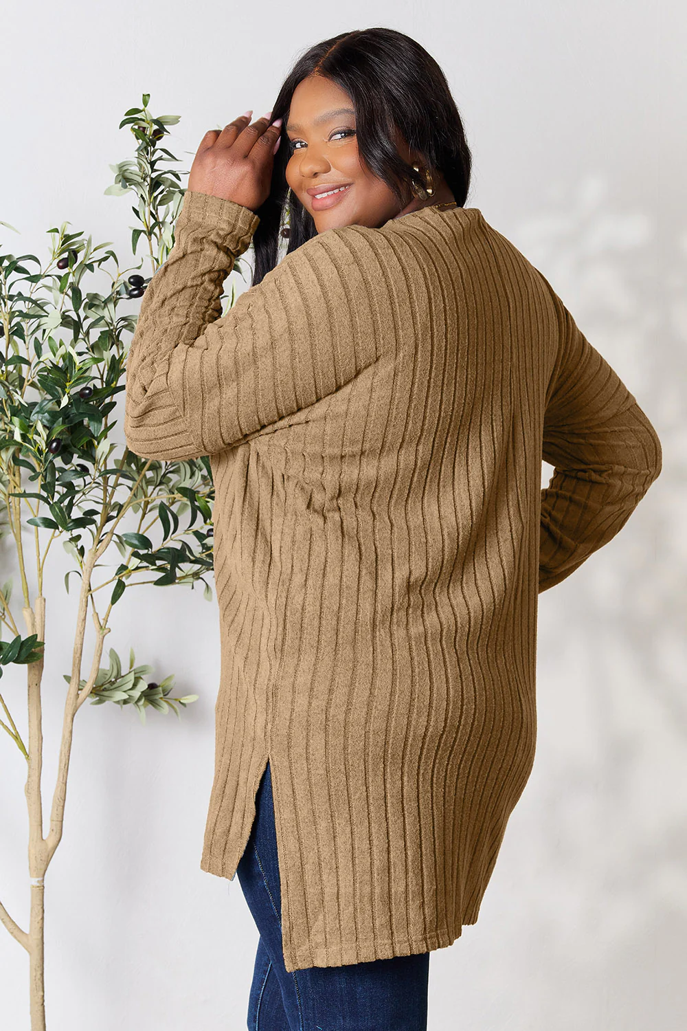 Basic Bae Full Size Ribbed Round Neck Long Sleeve Slit Top - Image 6