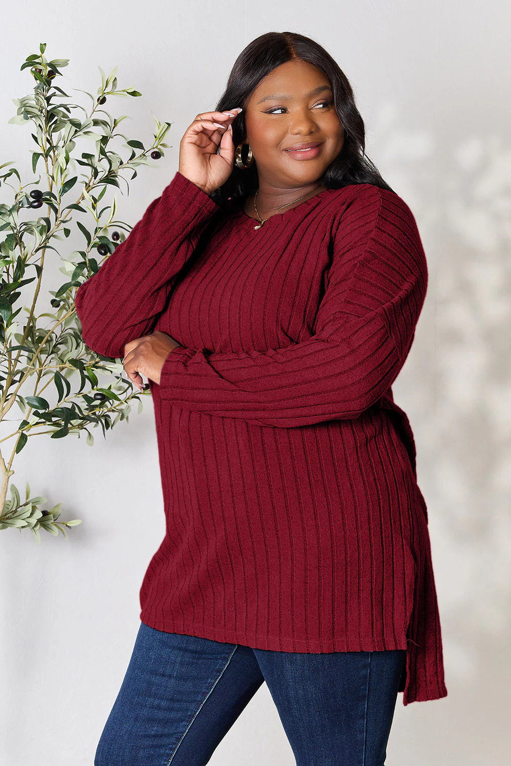 Basic Bae Full Size Ribbed Round Neck Long Sleeve Slit Top - Image 9