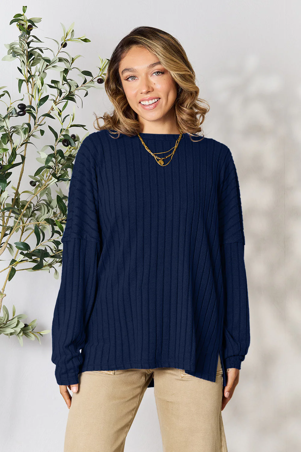 Basic Bae Full Size Ribbed Round Neck Slit Knit Top - Image 13