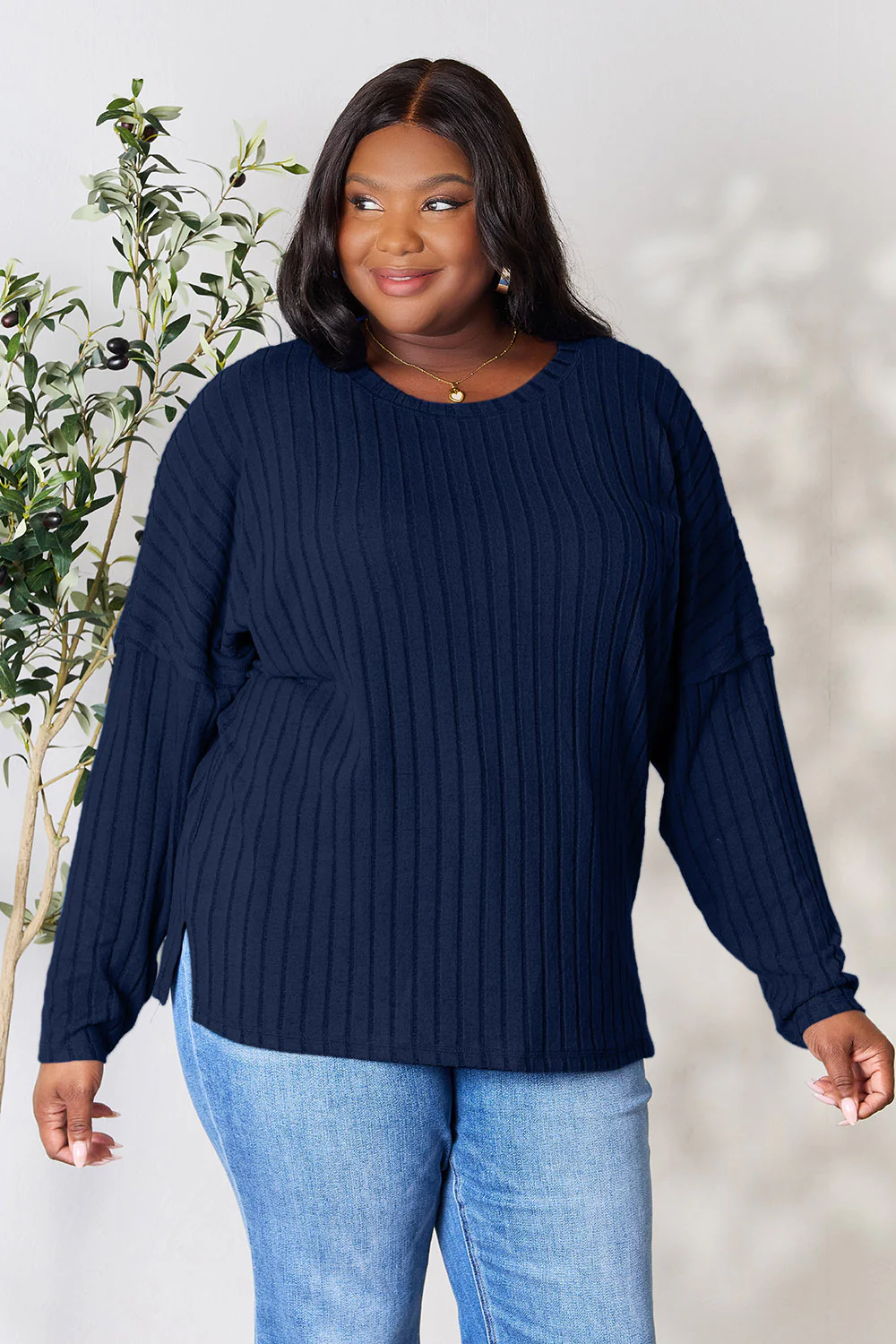 Basic Bae Full Size Ribbed Round Neck Slit Knit Top - Image 16