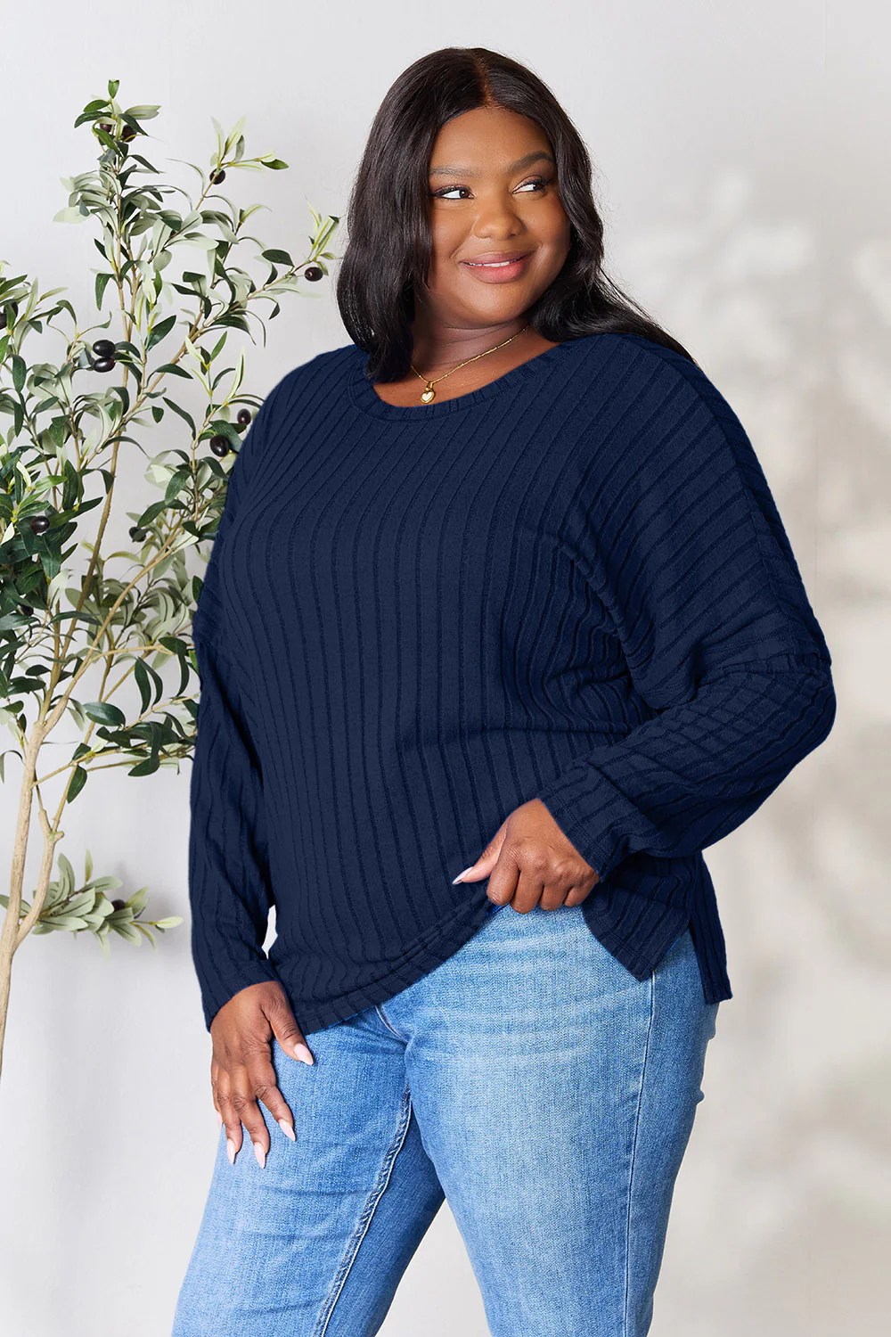 Basic Bae Full Size Ribbed Round Neck Slit Knit Top - Image 17