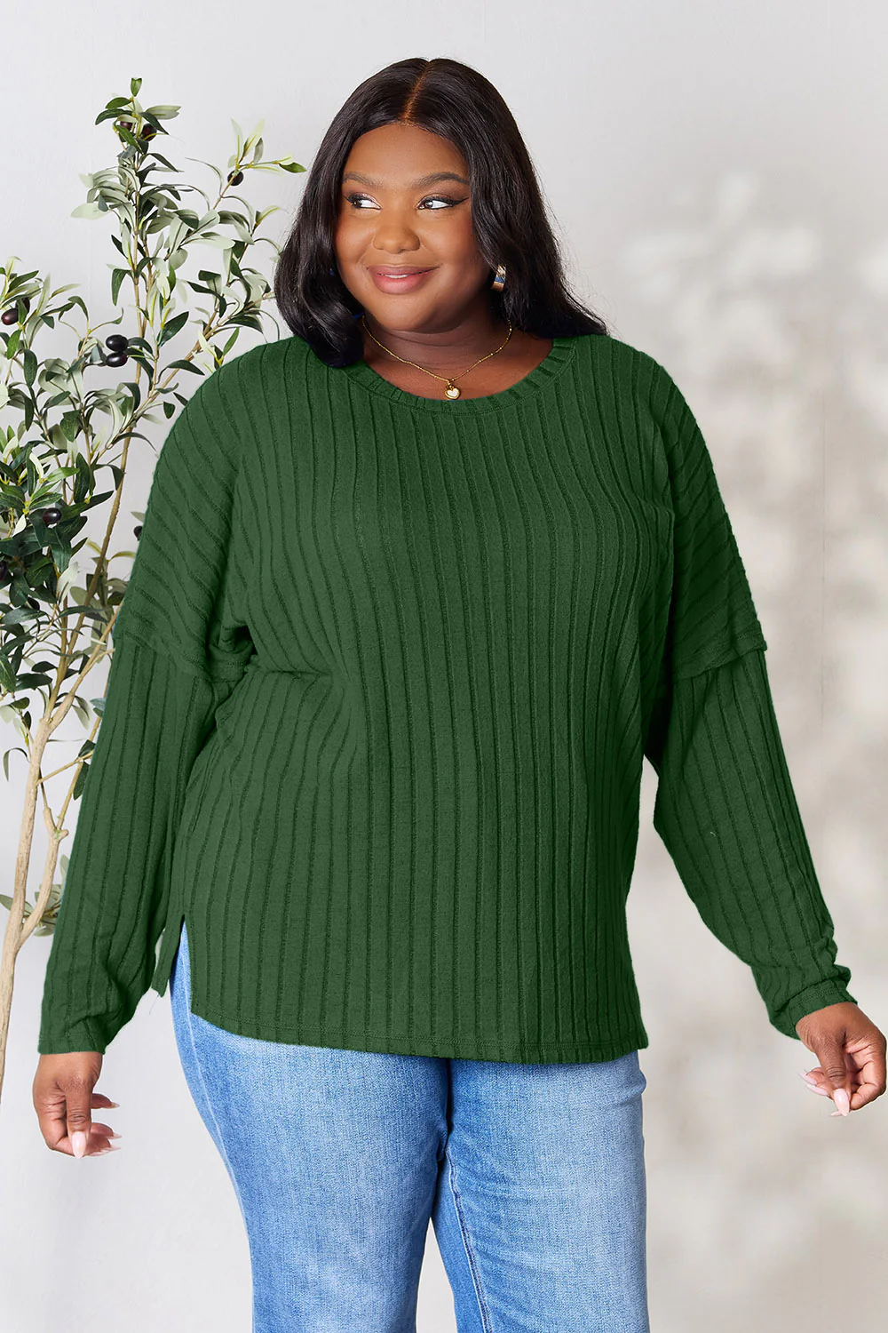 Basic Bae Full Size Ribbed Round Neck Slit Knit Top - Image 30