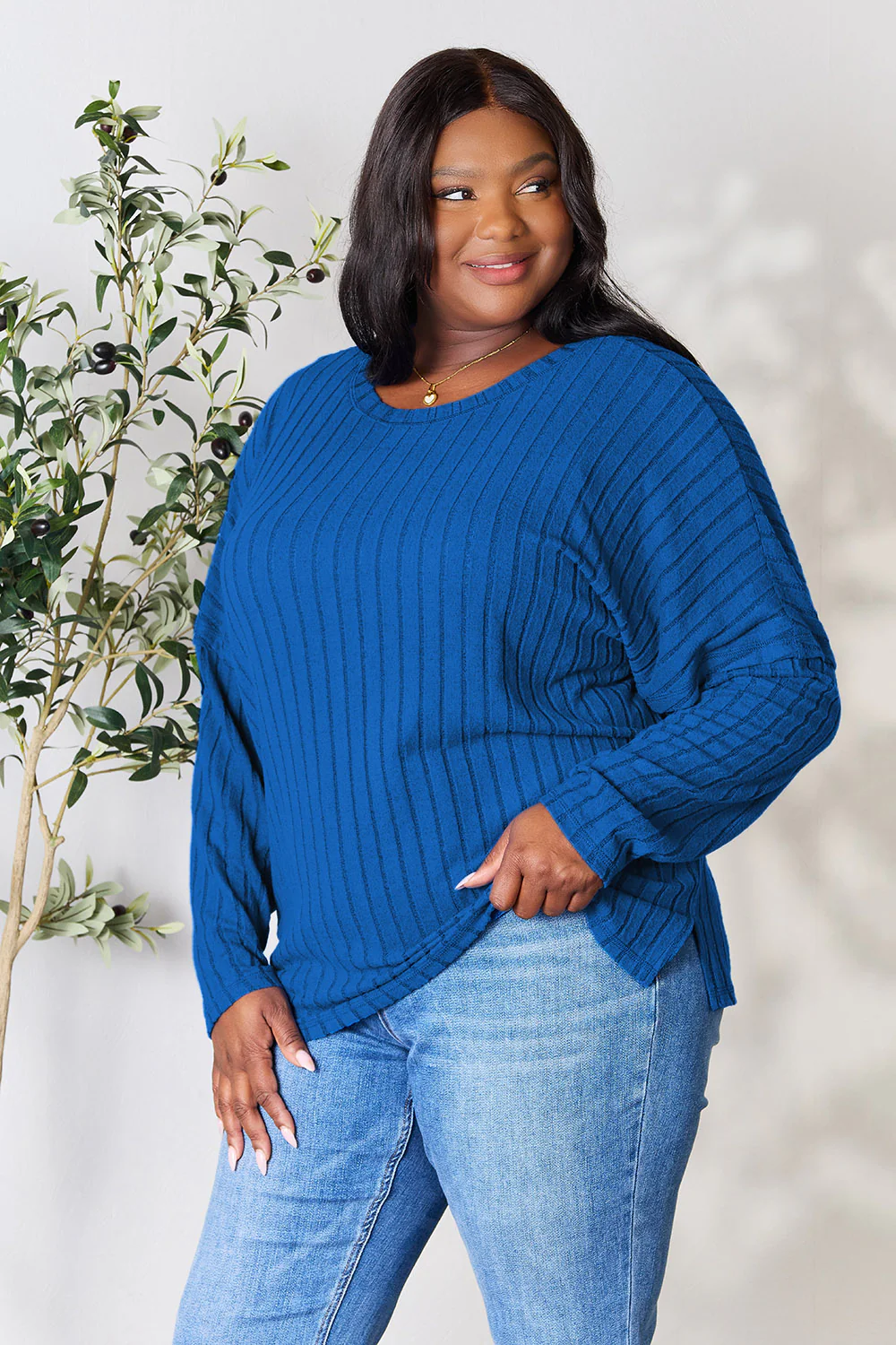 Basic Bae Full Size Ribbed Round Neck Slit Knit Top - Image 5