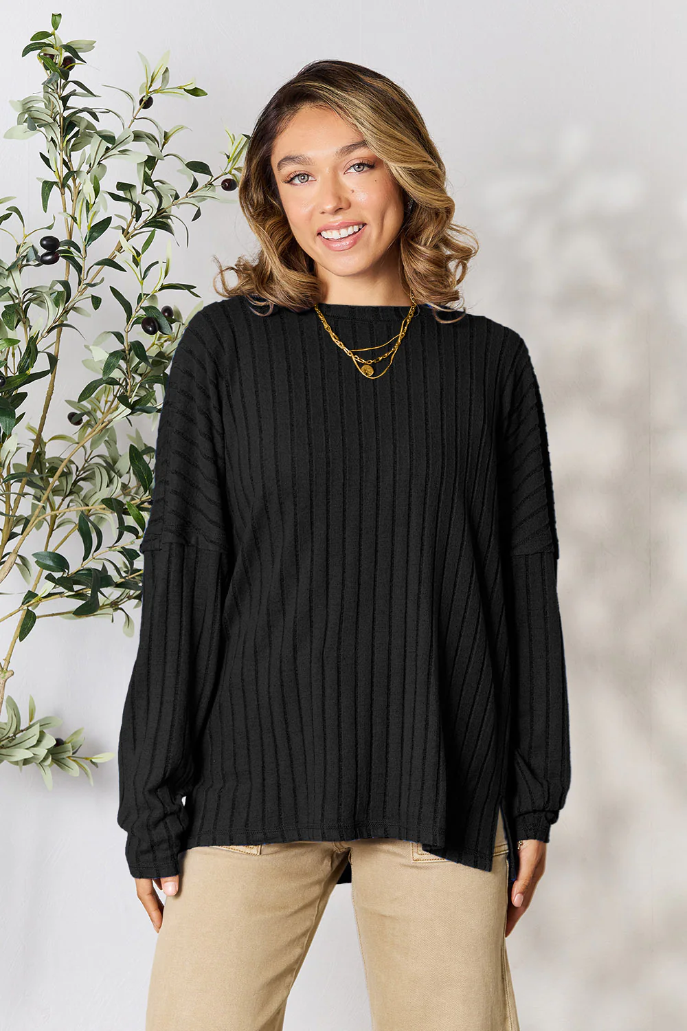 Basic Bae Full Size Ribbed Round Neck Slit Knit Top - Image 7