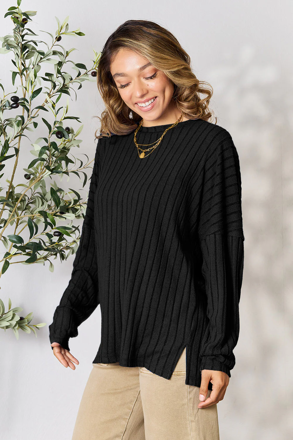Basic Bae Full Size Ribbed Round Neck Slit Knit Top - Image 8